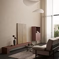 Modern Cozy Minimalist Living And Dining Room With Warm Wooden Furniture And Ample Natural Light