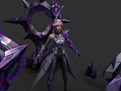 Game and Movie Character With Purple Black Spiked Structures Decorative Helmet And Fitted Battle Suit 3d model