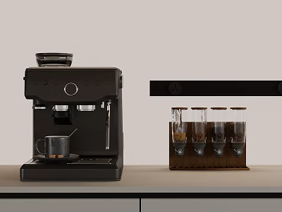 Kitchen Countertop With Black Coffee Machine And Glass Jar Storage Rack 3d model