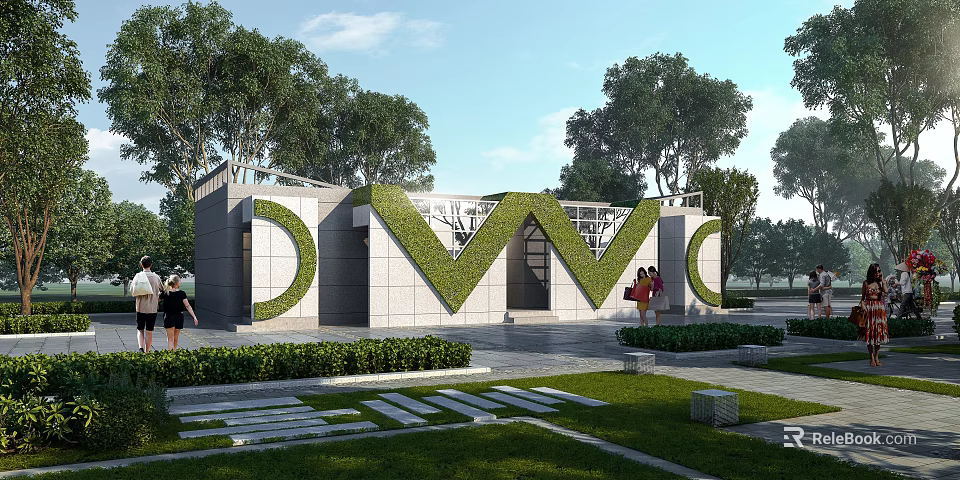 Green Plant Covered Letter Sculpture In Outdoor Park With Trees Lawn And People 3d model 