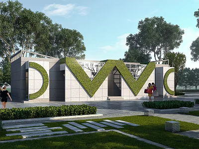 Green Plant Covered Letter Sculpture In Outdoor Park With Trees Lawn And People 3d model