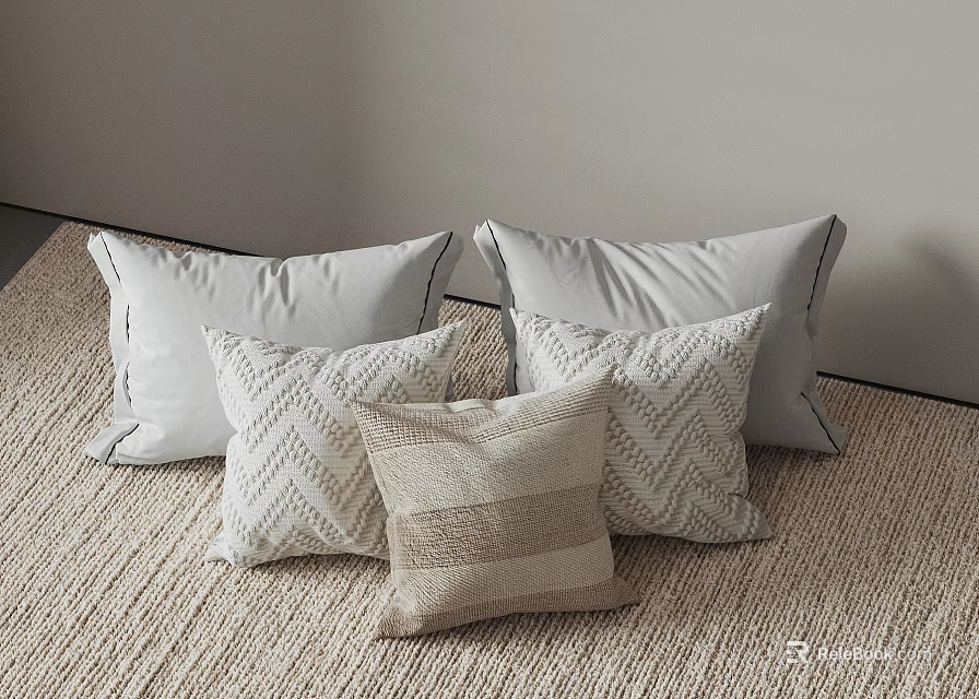 Minimalist Light Gray Beige Pillows With Textured Patterns On Soft Carpet Floor 3d model 