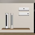 Modern Wall Mounted Air Conditioners And Standing Fans In Room With Wooden Shelf