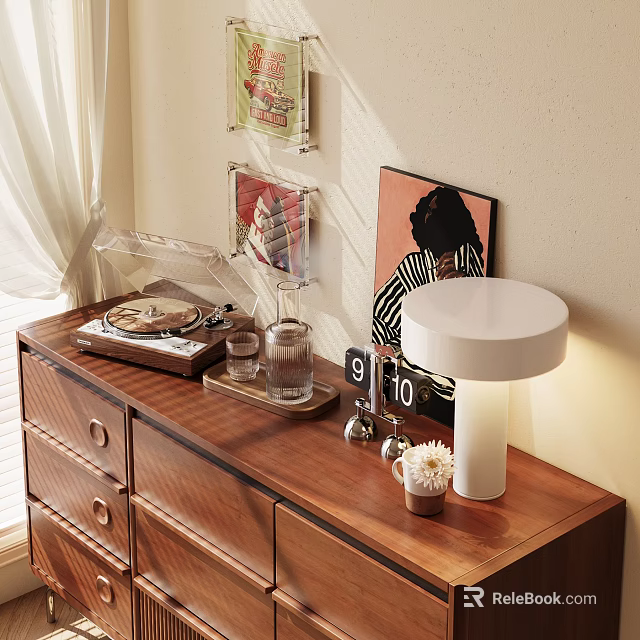 Decorative Ornament Set with Record Player Glass Cup Clock Lamp Photo Frames on Wooden Dresser 3d model 