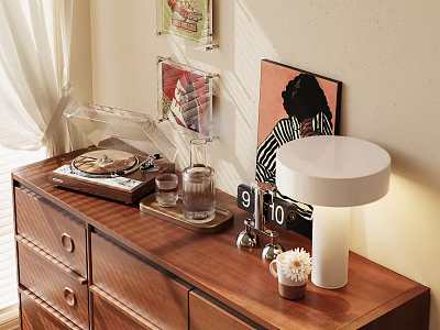 Decorative Ornament Set with Record Player Glass Cup Clock Lamp Photo Frames on Wooden Dresser 3d model