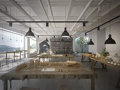 Modern Public Office Space With Open Layout Wooden Worktables Pendant Lights And Green Plants 3d model