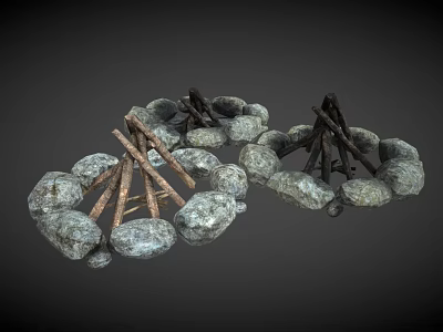 Natural Circular Stone Fire Pit With Stacked Wooden Logs Design 3d model