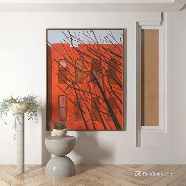 Red Building Artwork With Tree Branches And Decorative Plants In Interior Decor 3d model
