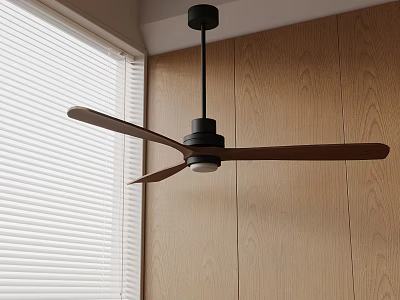 Modern Design Ceiling Fan With Wooden Blades And Light Over Wooden Wall And Window Blinds 3d model