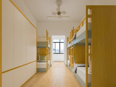 Modern Dormitory Room Interior With Bunk Beds Wardrobes Long Corridor And Wooden Floor 3d model