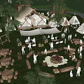Lively Camping Site With Tents Bonfire Wooden Tables And People Gathering