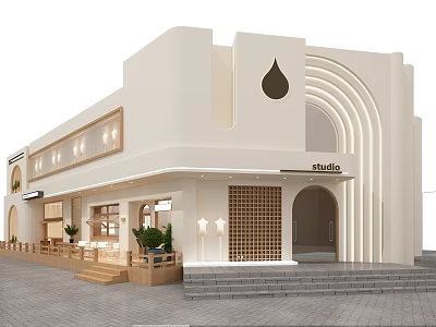 Modern Studio Storefront White Facade Arched Design Water Drop Decoration Wooden Lattice Green Plants Lighting 3d model