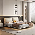 Double Bed With Black Headboard Beige Pillows Brown Blanket Nightstand Wall Art And Window Blinds