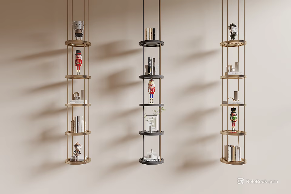 Modern Hanging Wall Shelves With Nutcrackers Books And Decorative Items 3d model 