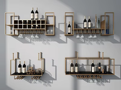 Modern Elegant Wall Mounted Wine Rack with Gold Frame Wine Bottles Wine Glasses and Multi Compartment Design 3d model