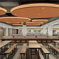 Spacious Dining Hall Interior With Wooden Ceiling And Tables 3d model
