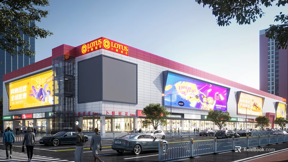 Commercial Street Lotte Shopping Mall Red Roof Gray Facade Large Billboards Pedestrians and Cars 3d model 