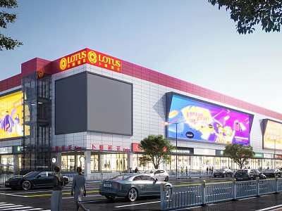 Commercial Street Lotte Shopping Mall Red Roof Gray Facade Large Billboards Pedestrians and Cars 3d model