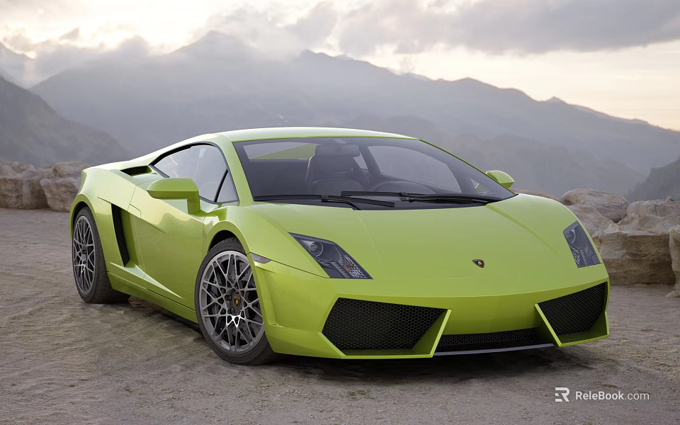 Green Lamborghini Sports Car Parked Outdoors With Mountainous Landscape Background 3d model 