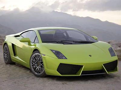 Green Lamborghini Sports Car Parked Outdoors With Mountainous Landscape Background 3d model