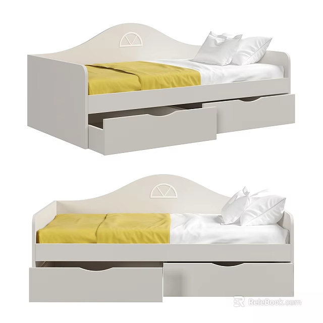 White Children's Bed In Simple Style With Drawers And Yellow Bed Sheet 3d model 