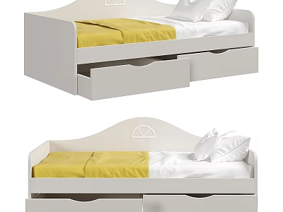 White Children's Bed In Simple Style With Drawers And Yellow Bed Sheet 3d model
