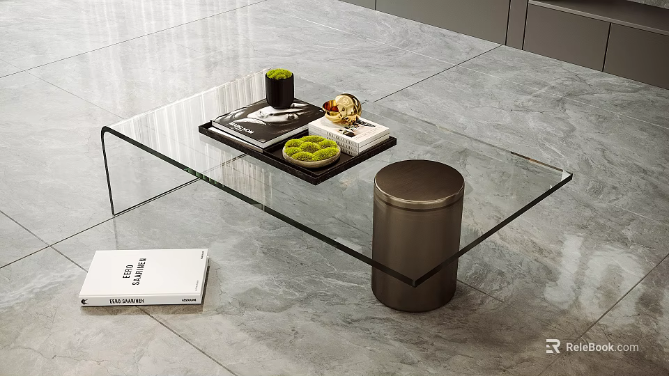 Sleek Modern Glass Coffee Table With Metal Cylinder Base And Magazines Small Green Plants 3d model 