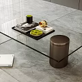 Sleek Modern Glass Coffee Table With Metal Cylinder Base And Magazines Small Green Plants