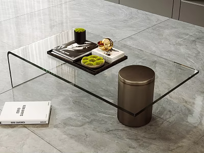 Sleek Modern Glass Coffee Table With Metal Cylinder Base And Magazines Small Green Plants 3d model