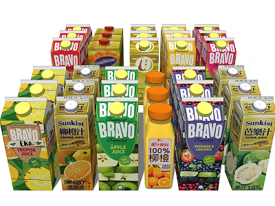 Assorted Fruit Juice Beverages From Bravo Sunki With Lemon Apple Blueberry Guava In Boxes Bottles 3d model