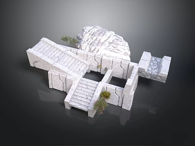 Geometric Stone Architectural Structure With Stairs Water Pool And Green Plants 3d model