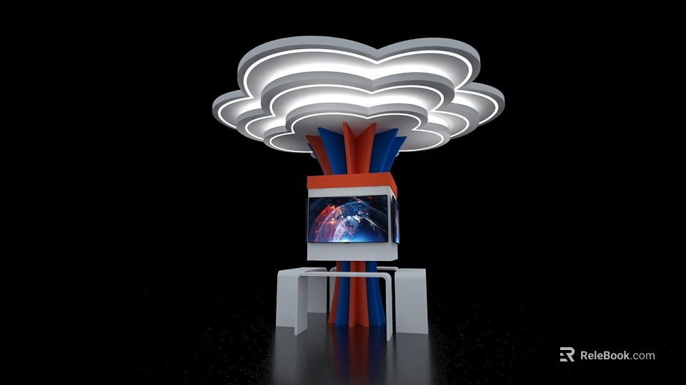 Modern Pillar With Cloud Shaped Lighting Blue Red Stripes White Table And Display Screen 3d model