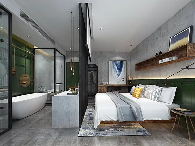 Modern Hotel Room Interior With Comfortable Bed Bathtub Decorative Paintings And Green Accents 3d model