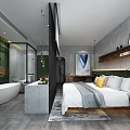Modern Hotel Room Interior With Comfortable Bed Bathtub Decorative Paintings And Green Accents