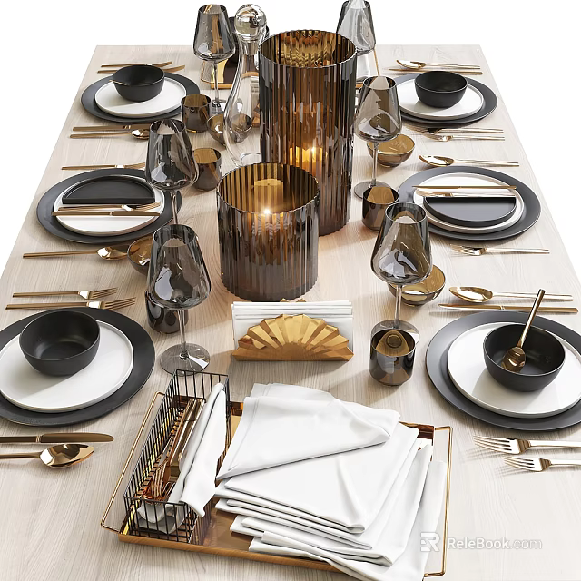 Elegant Tableware Set With Black Plates Bowls Gold Cutlery Wine Glasses And White Napkins 3d model 