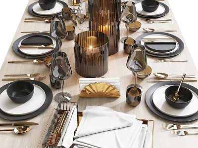 Elegant Tableware Set With Black Plates Bowls Gold Cutlery Wine Glasses And White Napkins 3d model