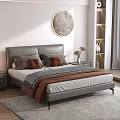 Modern Bedroom Interior With White Walls Grey Headboard Round Art Two Pillows And Brown Blanket