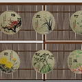 Round Framed Paintings With Plum Orchid Bamboo Chrysanthemum Pine Lotus On Bamboo Lattice Background