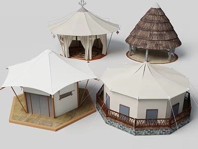 Various Outdoor Tent Designs With White Canvas And Thatched Roof Wooden Structures 3d model