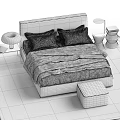 Modern Double Bed with Plaid Bedding Pillows Bedside Tables and Table Lamps 3d model