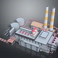 Industrial Factory Facility Featuring Cooling Towers Yellow White Chimneys And Piping Systems