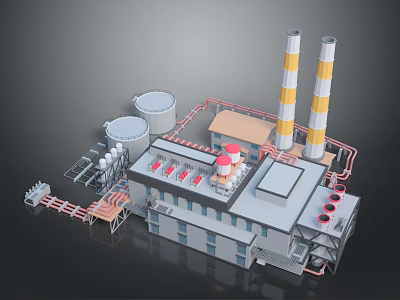 Industrial Factory Facility Featuring Cooling Towers Yellow White Chimneys And Piping Systems 3d model