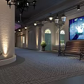 Stylish Restaurant Interior Featuring Arched Doorways Circular Tiled Floor Central Column And Mural Decor