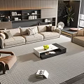 Modern Beige Sofa and Coffee Table Set With Armchair Bookshelf Plant and Carpet