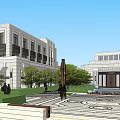 Grand Classical Building Exterior And Courtyard With Fountain Pedestrians Greenery And Walkways