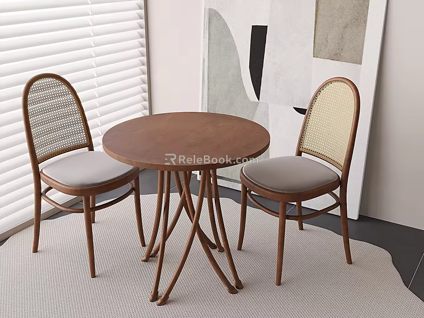 Antique Rattan Dining Table and Chair Solid Wood Rattan Tea Table and Chair Rattan Backrest Chair Solid Wood Round Table Tea Table 3d model
