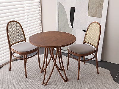 Antique Rattan Dining Table and Chair Solid Wood Rattan Tea Table and Chair Rattan Backrest Chair Solid Wood Round Table Tea Table 3d model