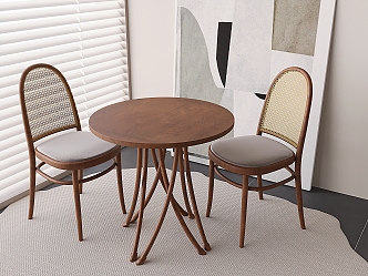 Antique Rattan Dining Table and Chair Solid Wood Rattan Tea Table and Chair Rattan Backrest Chair Solid Wood Round Table Tea Table 3d model