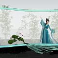 Elegant Art Installation With Woman In Blue Traditional Costume Bamboo Forest And Lotus Flowers