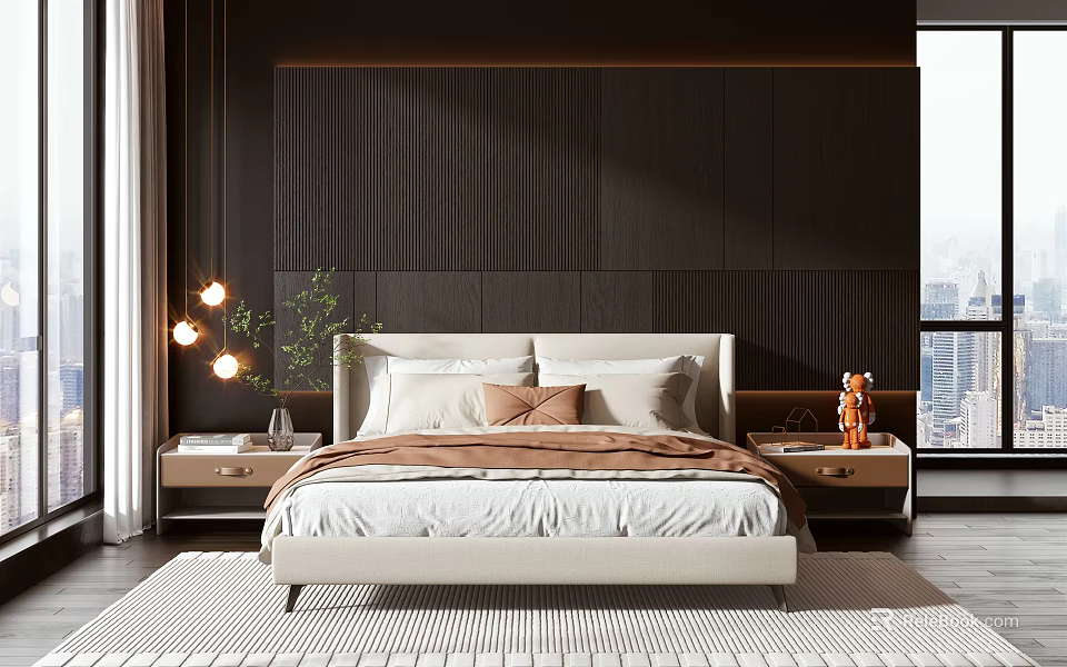 Cream Double Bed In Modern Bedroom With Dark Wooden Wall And City View Window 3d model 